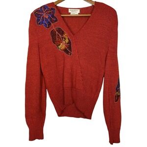 Vtg 70s Adolf Schuman Lilli Ann Sweater Antique Red Handmade Art Wool Pullover